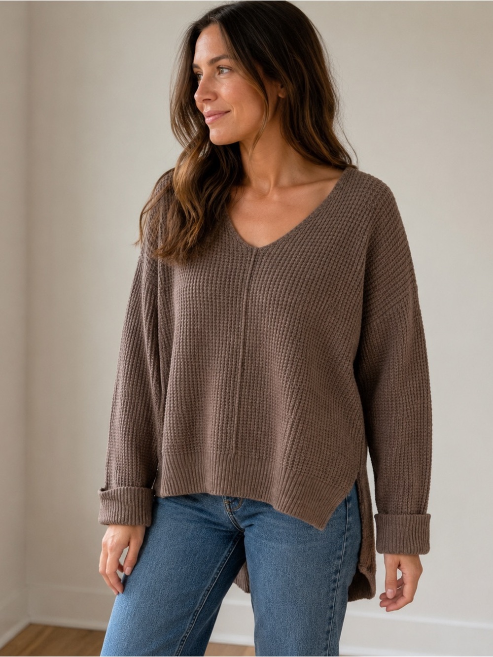 If It Were Me Brown Waffle Knit V-Neck High Low Oversized Sweater S